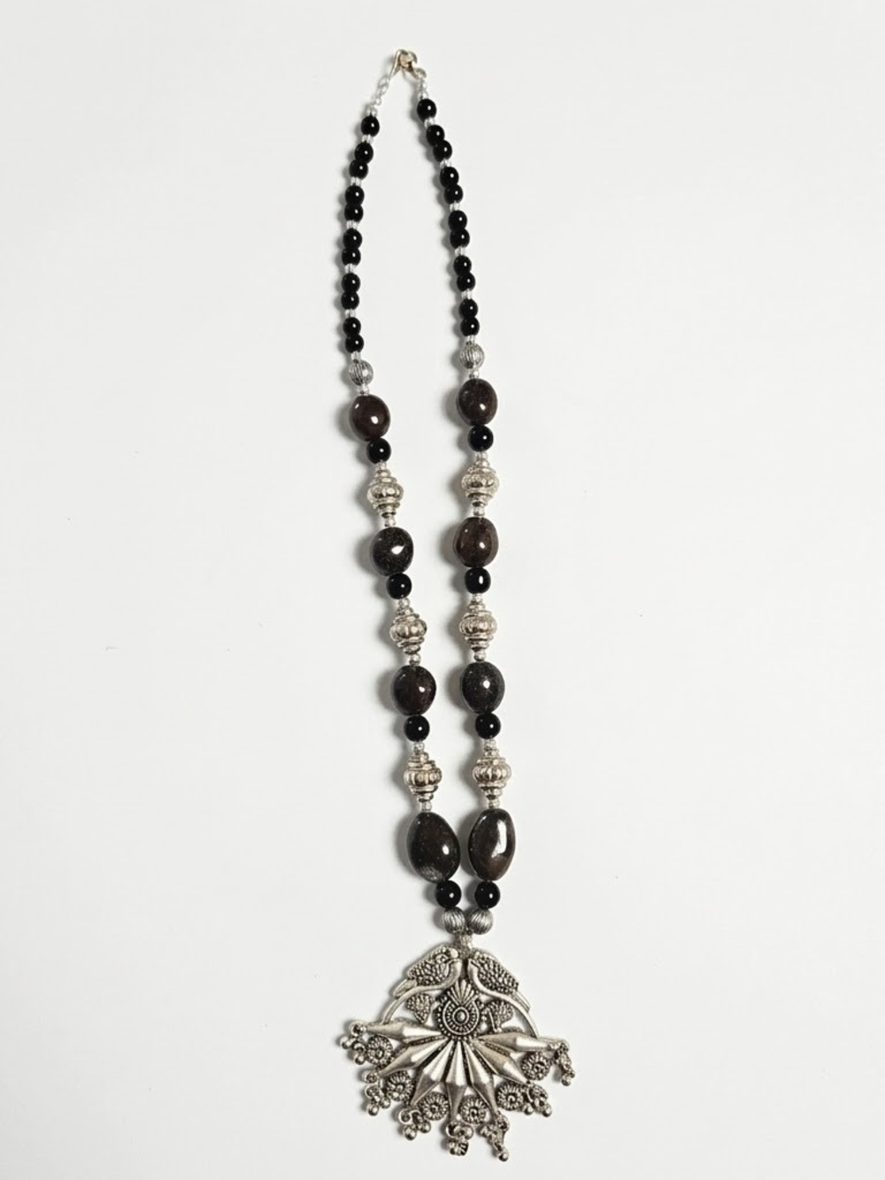 Boho Oxidized Silver Tone Peacock Tribal Beaded Ghungroo Statement Necklace